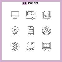 Pictogram Set of 9 Simple Outlines of video lightbulb tablet invention idea Editable Vector Design Elements