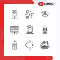 Modern Set of 9 Outlines Pictograph of train rail video camera presentation analytics Editable Vector Design Elements