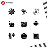 Solid Glyph Pack of 9 Universal Symbols of mail computer event spa lily Editable Vector Design Elements