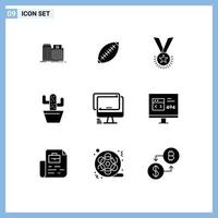Modern Set of 9 Solid Glyphs Pictograph of ribbon rank rugby medal award Editable Vector Design Elements