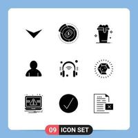 Group of 9 Solid Glyphs Signs and Symbols for internet headphone glass user account Editable Vector Design Elements