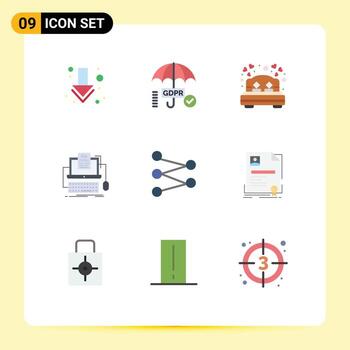 conjunto moderno de 9 colores planos y símbolos tales como elementos de diseño vectorial editables de codificación monobloque de citas de pantalla científica vector