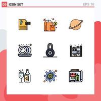 Modern Set of 9 Filledline Flat Colors Pictograph of lock plate tax kitchen flag Editable Vector Design Elements