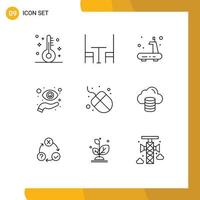 Pack of 9 Modern Outlines Signs and Symbols for Web Print Media such as hardware vision gym view focus Editable Vector Design Elements