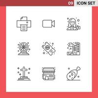 Mobile Interface Outline Set of 9 Pictograms of sport play camera game wheel Editable Vector Design Elements