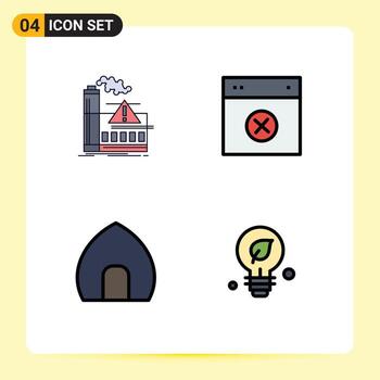 conjunto de pictogramas de 4 colores planos de línea rellena simple de diseño de alerta de interfaz de usuario de contaminación que construye elementos de diseño vectorial editables vector