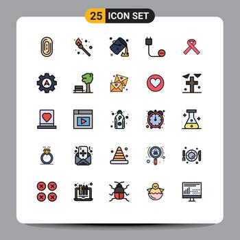 Editable Vector Line Pack of 25 Simple Filled line Flat Colors of awareness power colour hardware cord Editable Vector Design Elements