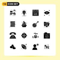 Group of 16 Modern Solid Glyphs Set for bookshelf watching pencil eyes web Editable Vector Design Elements