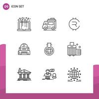 Group of 9 Outlines Signs and Symbols for chemical helmet rubycoin explorer astronaut Editable Vector Design Elements