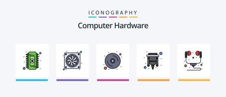 la línea de hardware de la computadora llenó el paquete de 5 íconos que incluye la computadora. hablar. datos. grabadora. micrófono. diseño de iconos creativos vector