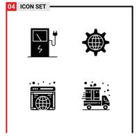 Modern Set of 4 Solid Glyphs Pictograph of charge globe global gear website Editable Vector Design Elements