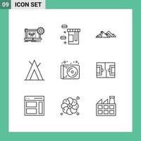 9 User Interface Outline Pack of modern Signs and Symbols of media wigwam mountain tent scene Editable Vector Design Elements