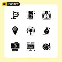 Universal Icon Symbols Group of 9 Modern Solid Glyphs of information location volume cross project management Editable Vector Design Elements