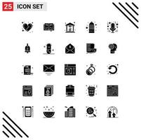 Modern Set of 25 Solid Glyphs Pictograph of mic sound bank sport game Editable Vector Design Elements