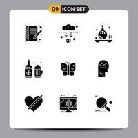 Modern Set of 9 Solid Glyphs Pictograph of insect butterfly oil ireland bottle Editable Vector Design Elements