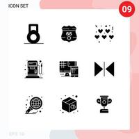 Set of 9 Commercial Solid Glyphs pack for mirror flip fuel education monitor Editable Vector Design Elements