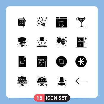 16 Solid Glyph concept for Websites Mobile and Apps internet weather security storm drink Editable Vector Design Elements
