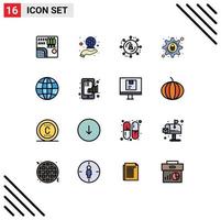 Universal Icon Symbols Group of 16 Modern Flat Color Filled Lines of globe setting marketing security cyber crime Editable Creative Vector Design Elements