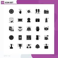 Set of 25 Vector Solid Glyphs on Grid for printing explore zoom in camping location Editable Vector Design Elements