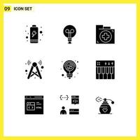 Pack of 9 Modern Solid Glyphs Signs and Symbols for Web Print Media such as energy wifi document network signal Editable Vector Design Elements