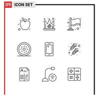 Pack of 9 Modern Outlines Signs and Symbols for Web Print Media such as samsung mobile flag smart phone sweet Editable Vector Design Elements