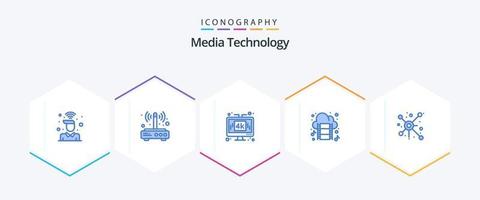 Media Technology 25 Blue icon pack including movie. cloud. connection. lcd. media vector