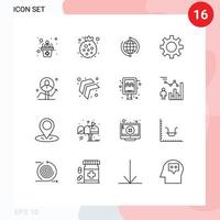 Modern Set of 16 Outlines Pictograph of setting cog globe world global Editable Vector Design Elements