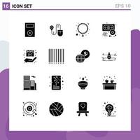 Set of 16 Vector Solid Glyphs on Grid for film income computer finance business Editable Vector Design Elements