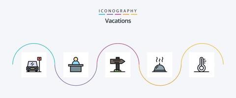 Paquete de 5 iconos planos llenos de línea de vacaciones que incluye. clima. mapa. termómetro. restaurante vector