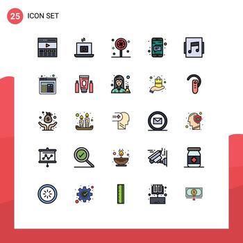 Set of 25 Vector Filled line Flat Colors on Grid for music text play phone message Editable Vector Design Elements