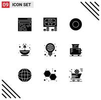 Modern Set of 9 Solid Glyphs Pictograph of pen globe service bulb oil Editable Vector Design Elements