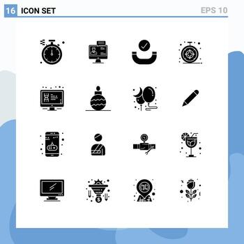 paquete de 16 signos y símbolos de glifos sólidos modernos para medios de impresión web como elementos de diseño de vectores editables del navegador safari en línea de pantalla lcd