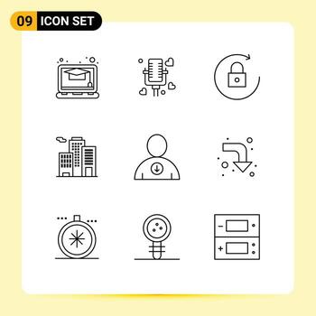 Modern Set of 9 Outlines Pictograph of reload user lock next office Editable Vector Design Elements
