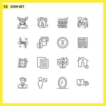 Mobile Interface Outline Set of 16 Pictograms of knife table menu office wc Editable Vector Design Elements