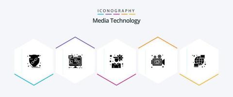 paquete de iconos de 25 glifos de tecnología de medios que incluye global. retro monitor. video. cámara vector