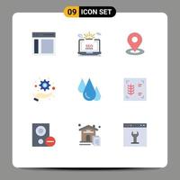 paquete de 9 signos y símbolos de colores planos modernos para medios de impresión web, como optimización de biología, gestión de configuración, navegación, elementos de diseño de vectores editables