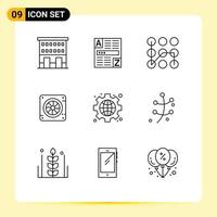 Set of 9 Vector Outlines on Grid for gear fan internet cooler security Editable Vector Design Elements