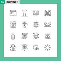 Group of 16 Outlines Signs and Symbols for energy ticket bag shopping checkout Editable Vector Design Elements