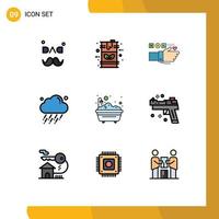 Group of 9 Modern Filledline Flat Colors Set for wind rain gas cloud heart Editable Vector Design Elements