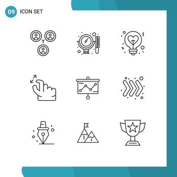 Set of 9 Modern UI Icons Symbols Signs for presentation zoom bulb squeeze gesture Editable Vector Design Elements