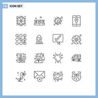 Pictogram Set of 16 Simple Outlines of fast pattern corps lock maps Editable Vector Design Elements