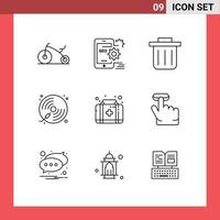 9 iconos creativos, signos y símbolos modernos del kit de clic, papelera de reciclaje, jugador de primeros auxilios, elementos de diseño vectorial editables vector