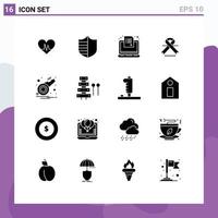 Mobile Interface Solid Glyph Set of 16 Pictograms of alarm ribbon exam oncology survey Editable Vector Design Elements