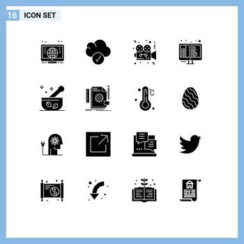 paquete de glifos sólidos de 16 símbolos universales de medicina hospitalaria programación de video codificación elementos de diseño vectorial editables vector