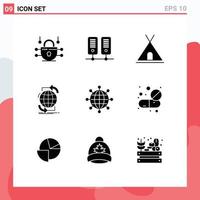 9 Thematic Vector Solid Glyphs and Editable Symbols of global business tent web internet Editable Vector Design Elements