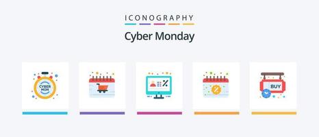 paquete de iconos flat 5 de cyber monday que incluye venta. fecha. tienda. calendario. monitor. diseño de iconos creativos vector