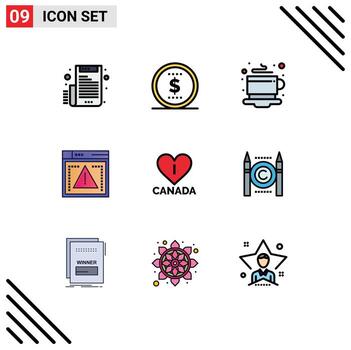 Mobile Interface Filledline Flat Color Set of 9 Pictograms of canada love coffee error computing Editable Vector Design Elements