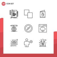 Set of 9 Modern UI Icons Symbols Signs for map compass card pencil world Editable Vector Design Elements