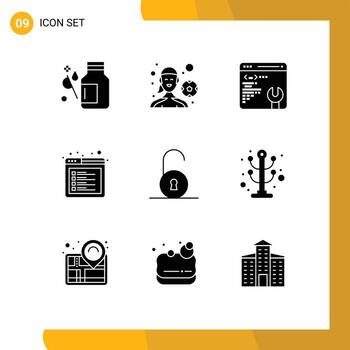Modern Set of 9 Solid Glyphs Pictograph of circular web playing football tab browser Editable Vector Design Elements