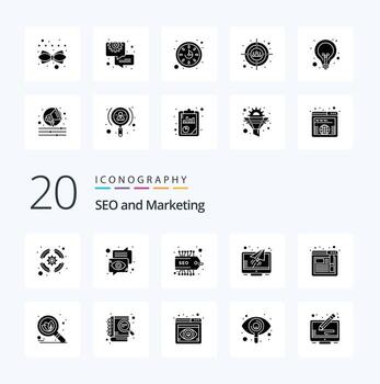 paquete de iconos de glifos sólidos de 20 seo como mensaje de lector de voz de pantalla de navegador vector